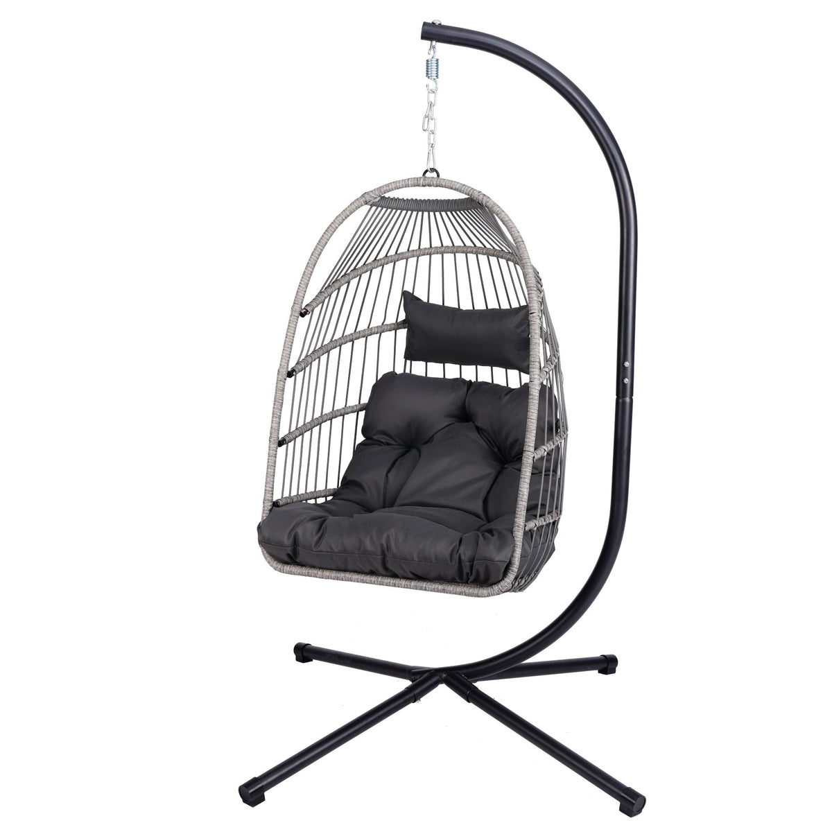 Foldable Hanging Egg Chair with Stand and Pillow, HDPE Rattan and Heavy Duty Aluminum-Steel Frame, Outdoor Patio Wicker Swing Egg Chair with Headrest and Cushioned, 350 Lbs Capacity (Gray)