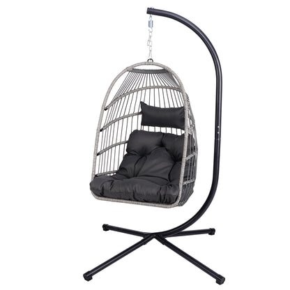Foldable Hanging Egg Chair with Stand and Pillow, HDPE Rattan and Heavy Duty Aluminum-Steel Frame, Outdoor Patio Wicker Swing Egg Chair with Headrest and Cushioned, 350 Lbs Capacity (Gray)