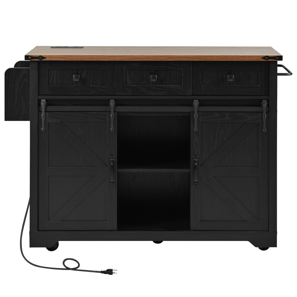 K&K 53.7" Farmhouse Kitchen Island with Power Outlet, 2 Sliding Barn Door Kitchen Storage Island with Drop Leaf – Black