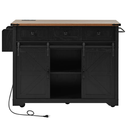 K&K 53.7" Farmhouse Kitchen Island with Power Outlet, 2 Sliding Barn Door Kitchen Storage Island with Drop Leaf – Black