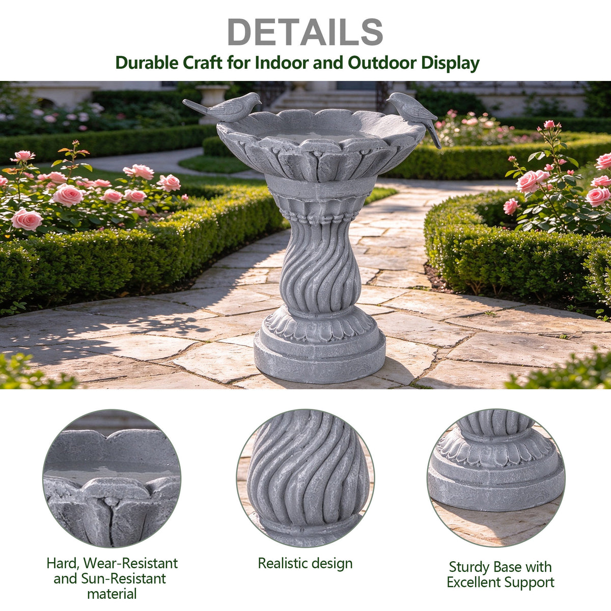16.54' Garden Bird Bath Statue, Magnesium Oxide Grey Pedestal Birdbath, Outdoor Bird Feeder Bowl with Decorative Bird Figurine, Yard Lawn Patio Garden Decor, Ideal Gift for Bird Lovers