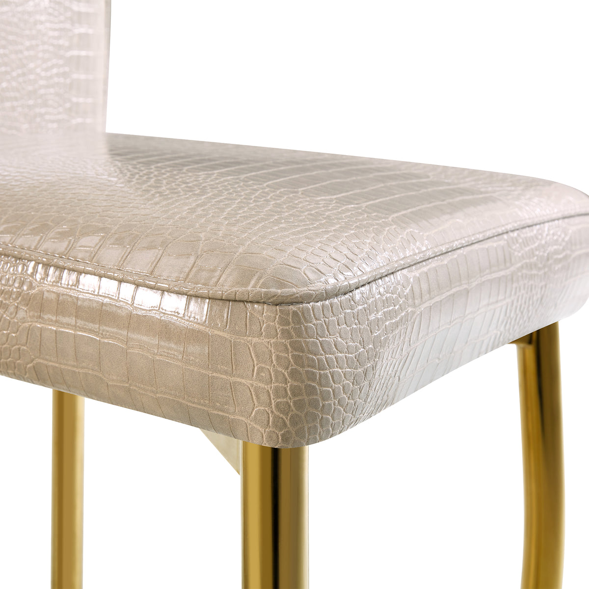A set of 2 beige and gold vintage crocodile leather cushioned dining chairs, featuring crystal clasp design and artificial leather design, adding a touch of elegance and mystery to the dining area
