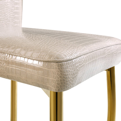 A set of 2 beige and gold vintage crocodile leather cushioned dining chairs, featuring crystal clasp design and artificial leather design, adding a touch of elegance and mystery to the dining area
