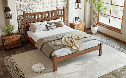 Full Size Bamboo Platform Bed with Diamond-shaped headboard, Solid Bamboo-made Bed Frame with Support Slats, for Bedroom, Guest Rooms, Brown