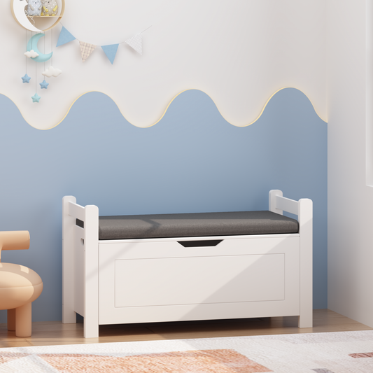 Kids Toy Box Chest, White Toy Box for Boys Girls, Large Storage Cabinet with Cushion Seat Bench/Flip-Top Lid/Safety Hinge