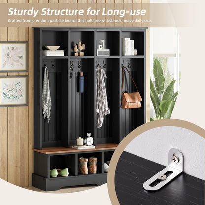 Farmhouse Hall Tree with 8 Hooks, Practical Entryway Bench with Open Compartments, 76.7'H Modern 3-in-1 Wooden Style Coat and Shoe Rack for Mudroom, Living Room, Black