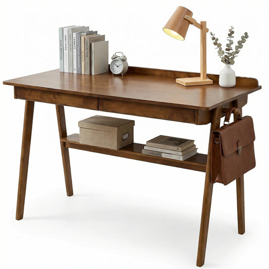 Solid Wood Writing Desk, Home Office Desk, Mid Century Modern Desks with 2 Drawers & Storage Shelf, Standing Desk with Side Hooks - Walnut