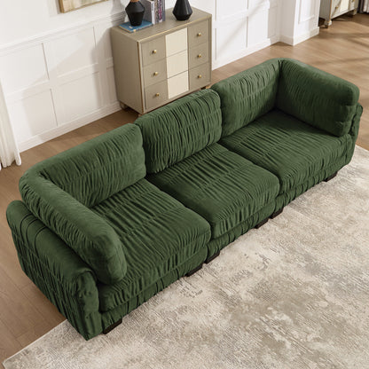 3 Seat Ruched Detailing Chenille Modular Sectional Sofa,High-Density Foam,L Shape Thickened  Back Cushions,Easy Assembly,For Living Room,Bedroom,Green