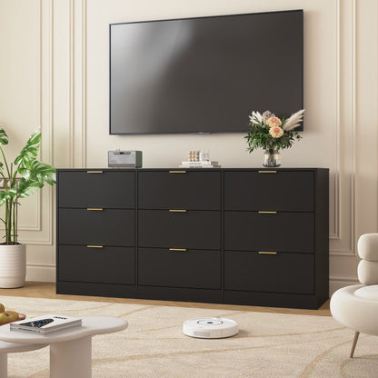 Black 9 Drawer Dresser, 63" Large Deep Chest of Drawers, Wooden Dresser Storage Cabinet with 9 Drawers, Long Dressers