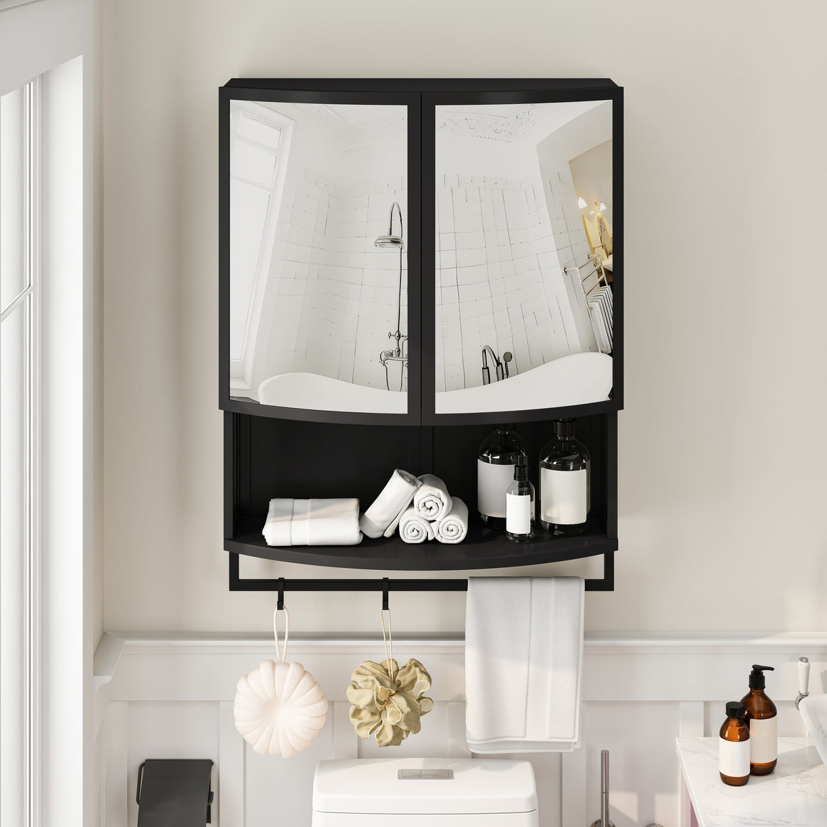 Modern Arched Glass Double-Door Wardrobe with Shatterproof Mirror, Double-Layer Storage, Open Shelf & Towel Rack in Black Iron Frame, 23.62'L x 8.85'W x 31.5'H