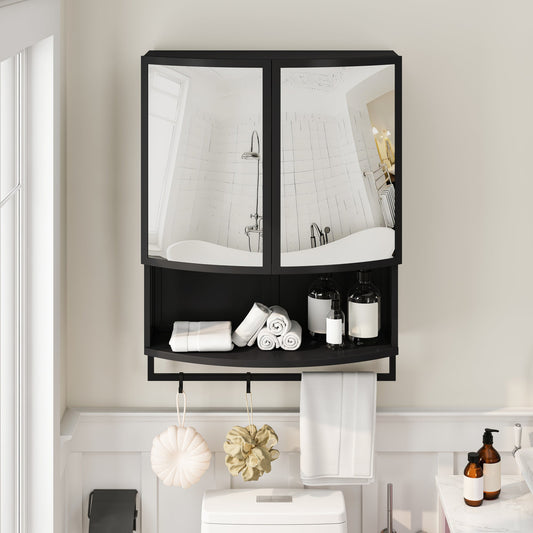 Modern Arched Glass Double-Door Wardrobe with Shatterproof Mirror, Double-Layer Storage, Open Shelf & Towel Rack in Black Iron Frame, 23.62'L x 8.85'W x 31.5'H