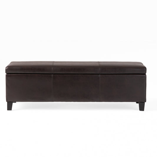 Elegant Faux Leather Storage Ottoman Bench with Birch Legs in Brown, 51.25'L x 17.50'W x 16.25'H