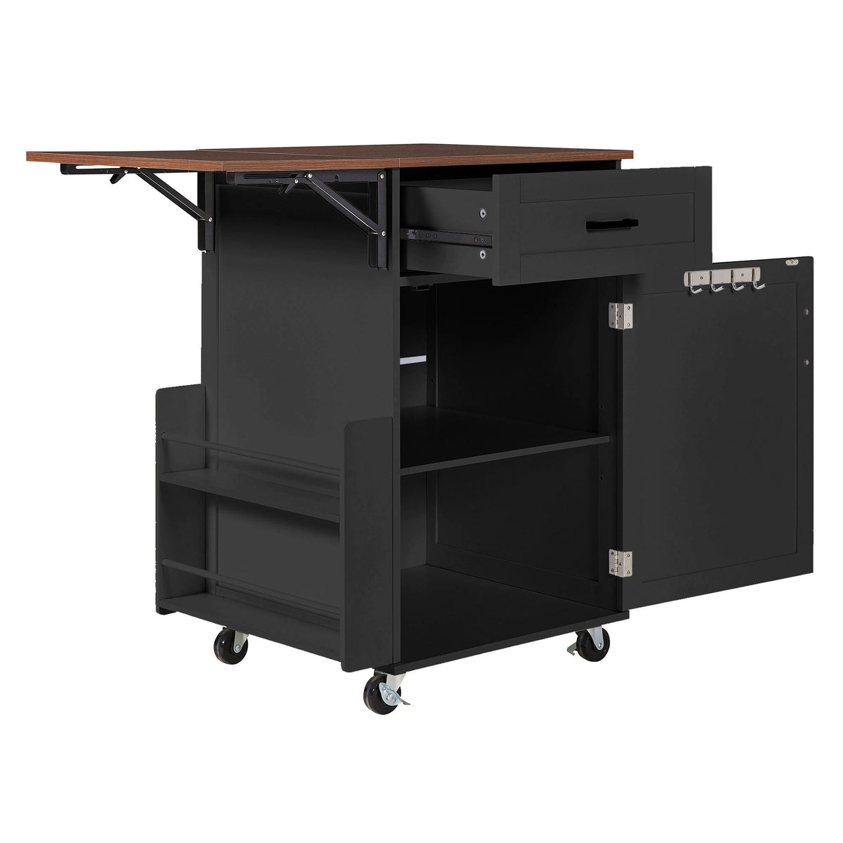 K&K 39.3" Farmhouse Kitchen Island with Drop Leaf, Kitchen Storage Island with Open Side Rack, One Drawer, Towel Rack – Black