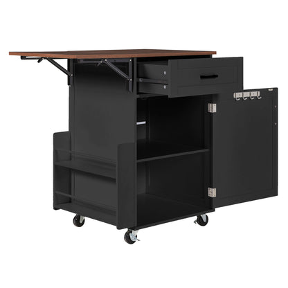 K&K 39.3" Farmhouse Kitchen Island with Drop Leaf, Kitchen Storage Island with Open Side Rack, One Drawer, Towel Rack – Black