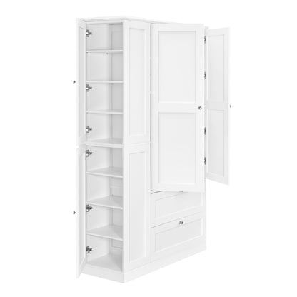 TOPMAX 73.6" Tall Farmhouse Kitchen Pantry Cabinet with 8 Shelves, 2 Drawers, 3 Pull-Out Trays, 4 Doors and Side Cabinets, White