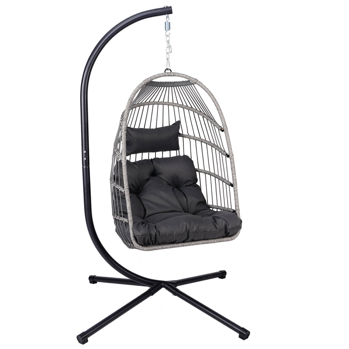 Foldable Hanging Egg Chair with Stand and Pillow, HDPE Rattan and Heavy Duty Aluminum-Steel Frame, Outdoor Patio Wicker Swing Egg Chair with Headrest and Cushioned, 350 Lbs Capacity (Gray)