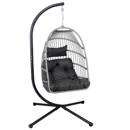 Foldable Hanging Egg Chair with Stand and Pillow, HDPE Rattan and Heavy Duty Aluminum-Steel Frame, Outdoor Patio Wicker Swing Egg Chair with Headrest and Cushioned, 350 Lbs Capacity (Gray)