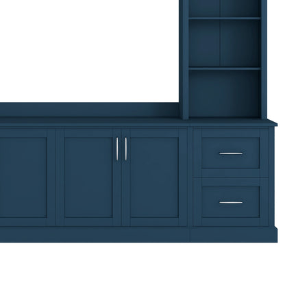 Modern Arched Entertainment Center Wall Unit with Drawers, Farmhouse TV Stand with Cable Holes for TVs Up to 65", Multifunctional All-in-One TV Console with Adjustable Shelves for Living Room, Blue