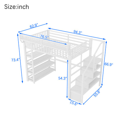 Full Loft Bed with 4 Shelf Storage Rack and Charging Station,Metal Full Loft Bed with Stairs Storage for Kids Teens, Patent Products,White(Old skuW2580S00075)