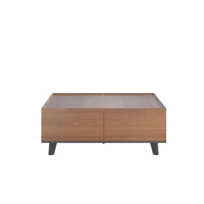 35.43" Square Walnut Finish Coffee Table with Hidden Drawer and Black Base, Modern Large Cocktail Center Table with Storage for Living Room, Apartment and Office