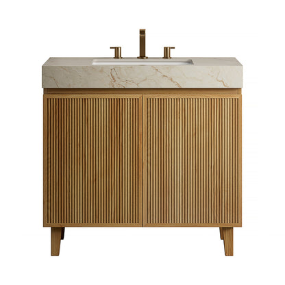 LULA 36" Bathroom Vanity&Sink,Freestanding Cabinet,Cream Gold Vein Sintered Stone Top&Ceramic Basin with 3 Pre-drilled Faucet Holes,Disassembled,NO Faucet and Drain Set, Natural Woodgrain Color