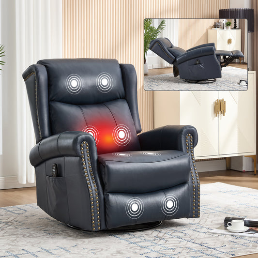 Heat Massage Manual Recliner Chair with Rocker and Swivel in Genuine leather, Blue