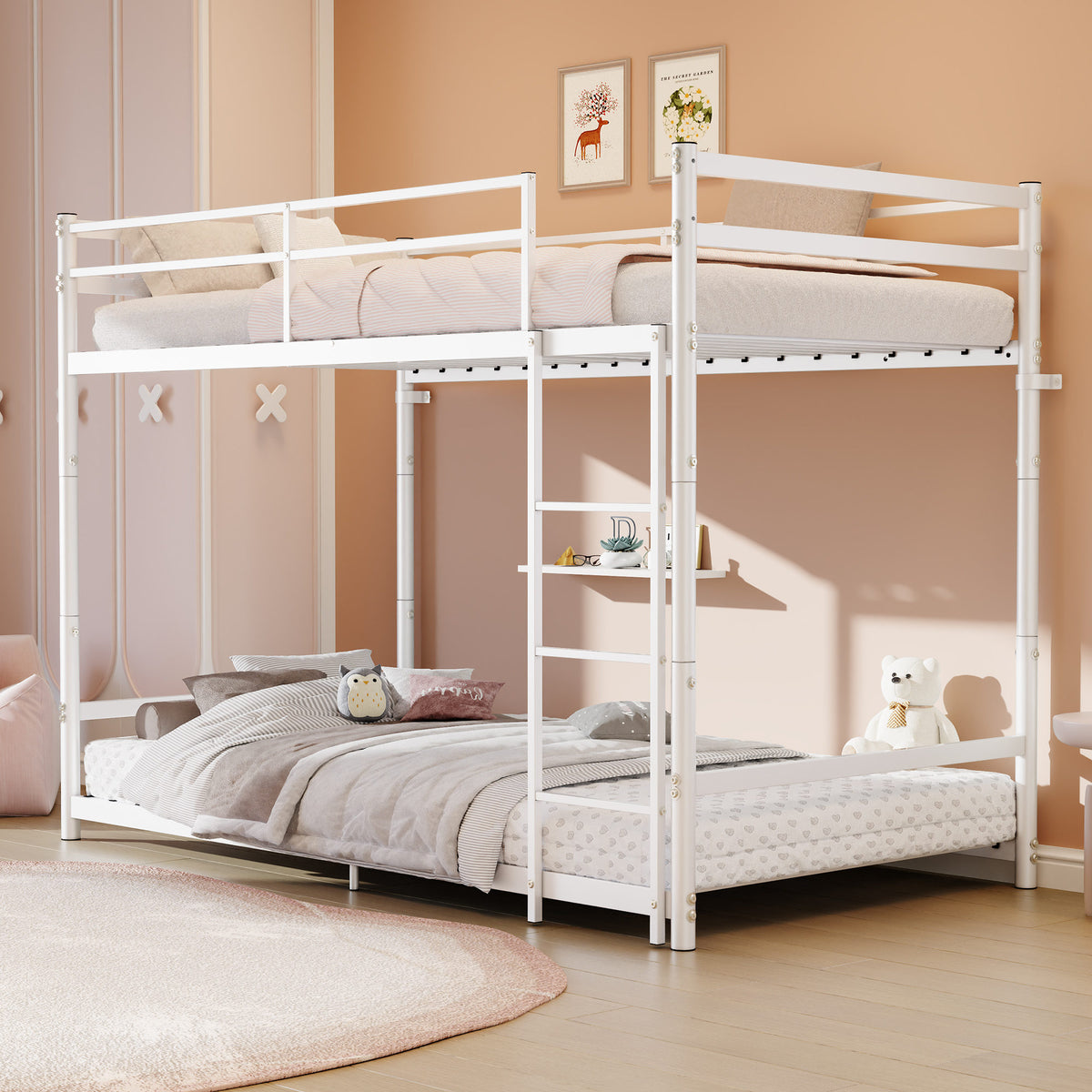 Heavy Duty Metal Twin Over Twin Bunk Bed, Convertible to 2 Separated Twin Beds, Noise-Free Steel Frame with Rubber Anti-Slip Ladder & 11.3' Guardrails, 400/485 LBS Weight Capacity, White