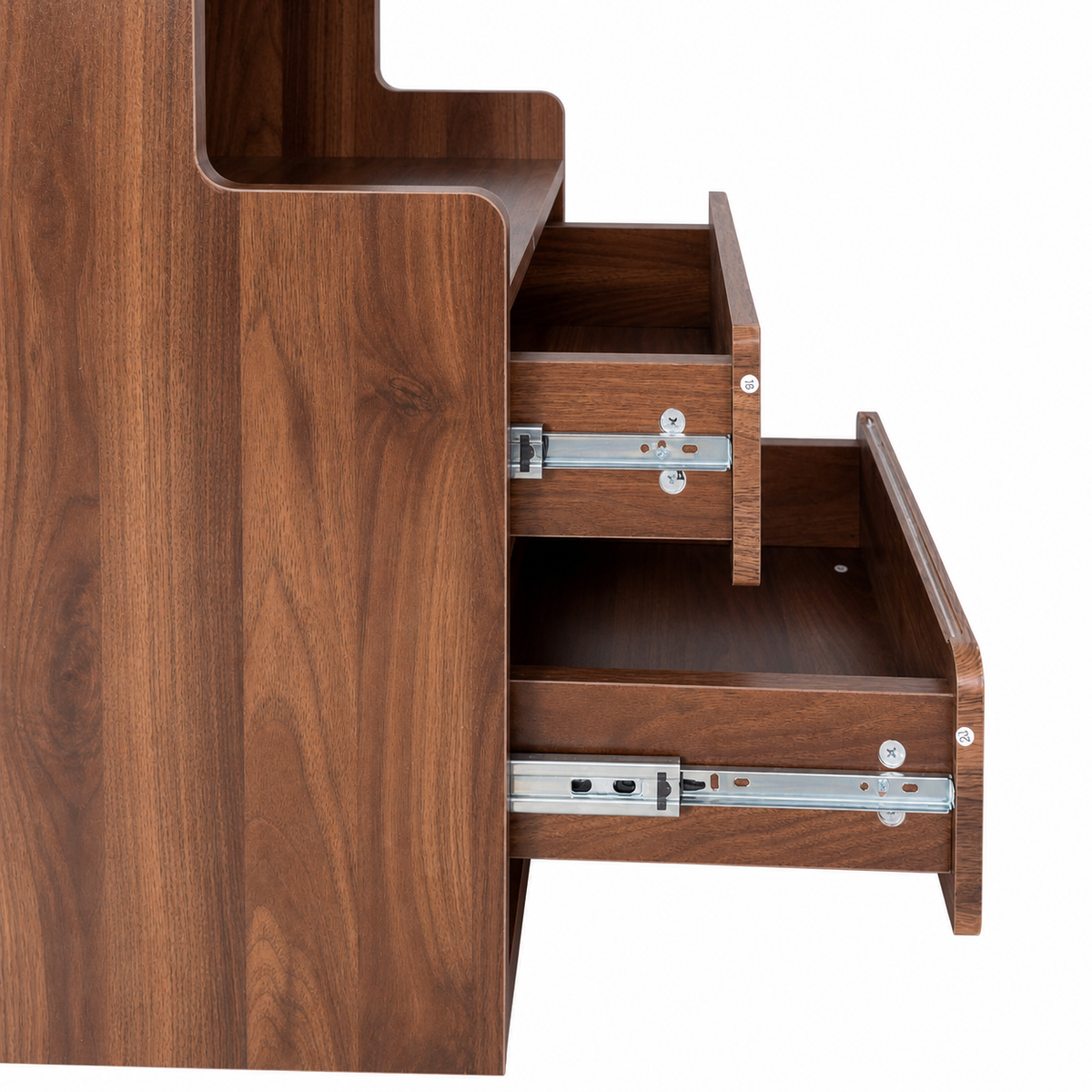 Tall Nightstand with  Glass Door, Mid-Century Modern Bedside Table with Open Shelves and 2 Drawers, Walnut Wood Night Stand & Bookshelf for Bedroom, Living Room