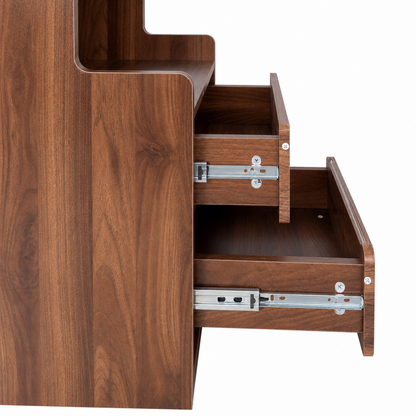 Tall Nightstand with  Glass Door, Mid-Century Modern Bedside Table with Open Shelves and 2 Drawers, Walnut Wood Night Stand & Bookshelf for Bedroom, Living Room