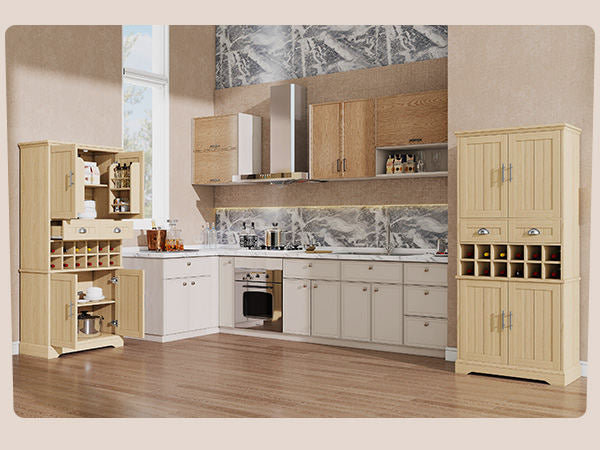 70.9" Tall Farmhouse Wine Storage Cabinet, Removable 12-Bottle Wine Rack, 2 Spacious Drawers, 4 Door Shelves, Adjustable Shelves & 2-Tier Storage Cabinets for Kitchen, Dining Room,Natural