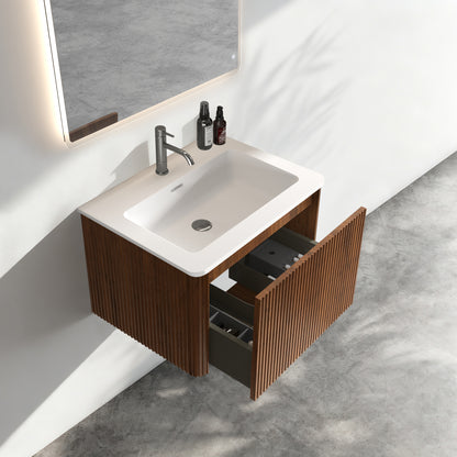 Etna 24" Striped Walnut Bathroom Vanity with White Solid Surface Sink, Wall Mounted Floating Bathroom Vanity for Modern Bathroom, Pre-assembled