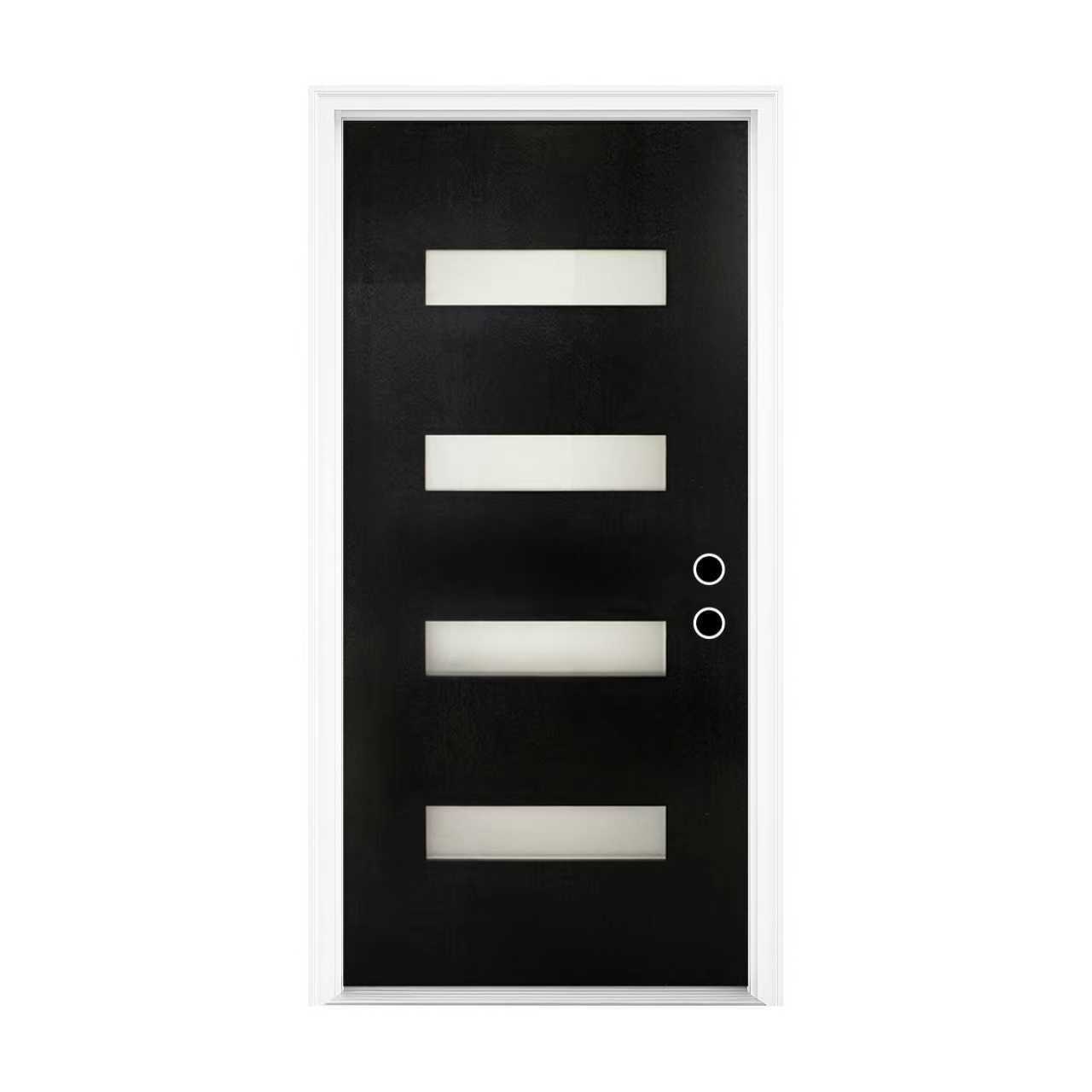 36 x 80 Fiberglass Entry Door with Brickmould, Frosted Glass, Black Finishe Knock-Down Fiberglass Door - Contemporary Style for Home's Front Entrance, Left Hand Inswing with 4-9/16 White Vinyl Frame