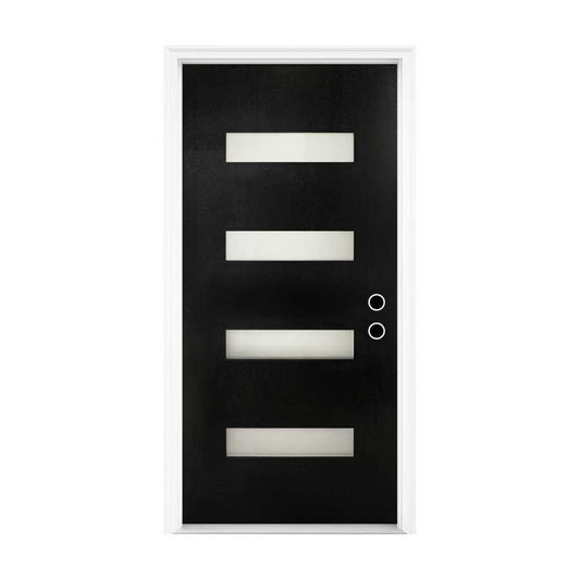 36 x 80 Fiberglass Entry Door with Brickmould, Frosted Glass, Black Finishe Knock-Down Fiberglass Door - Contemporary Style for Home's Front Entrance, Left Hand Inswing with 4-9/16 White Vinyl Frame