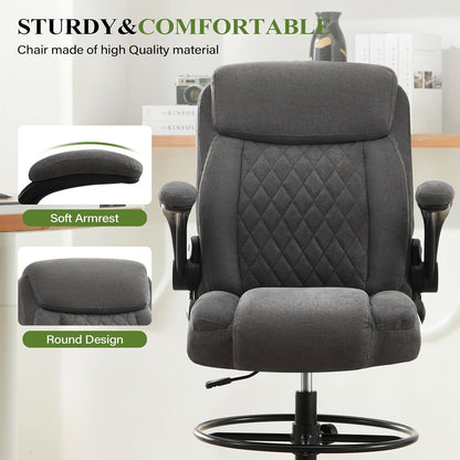 Drafting Chair Tall Office Chair for Standing Desk, Ergonomic Tall Desk Chair with Adjustable Foot Ring, Flip-Up Armrests, Lumbar Support, Comfortable Fabric Seat – Ideal for Home and Office