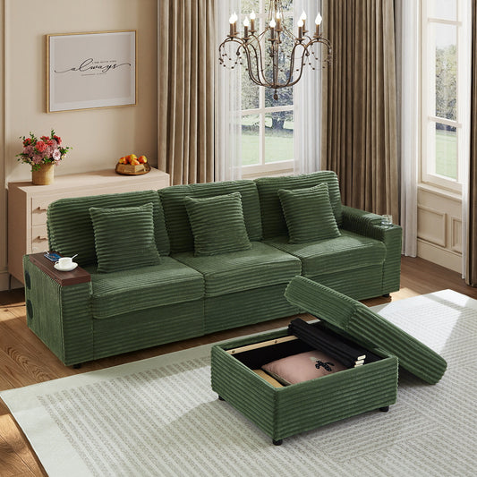 Oversized Modular Sectional Couch,Corduroy Sofa with  Cup Holders, USB Port,Storage Space and Bluetooth Speaker for Living room and Bedroom