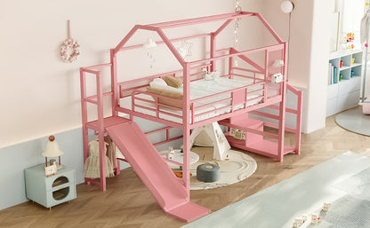 Full House Loft bed with Slide and Stairs, Metal Playhouse Bed with Storage Shelves, House-shaped Roof and Noise-free Design, Pink