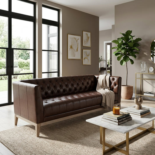 U-Style 79.1" 3 Seater Faux Leather Sofa, Mid Century Modern Chesterfield Couch with Button Tufted Design, 100% PU Upholstery, Solid Pine Wood Legs, Vintage Living Room Sofa for Apartment & Office