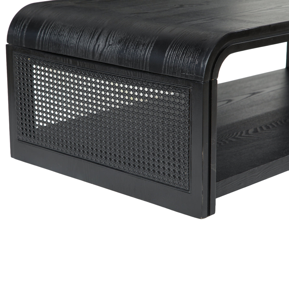 Curved Rectangular Coffee Table with Rattan Sides, 2-Tier Storage Wooden Center Table,Boho Farmhouse Low Tea Table,suitable for Living Room,Apartment, Home Decor,Black
