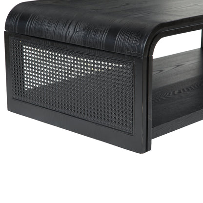 Curved Rectangular Coffee Table with Rattan Sides, 2-Tier Storage Wooden Center Table,Boho Farmhouse Low Tea Table,suitable for Living Room,Apartment, Home Decor,Black