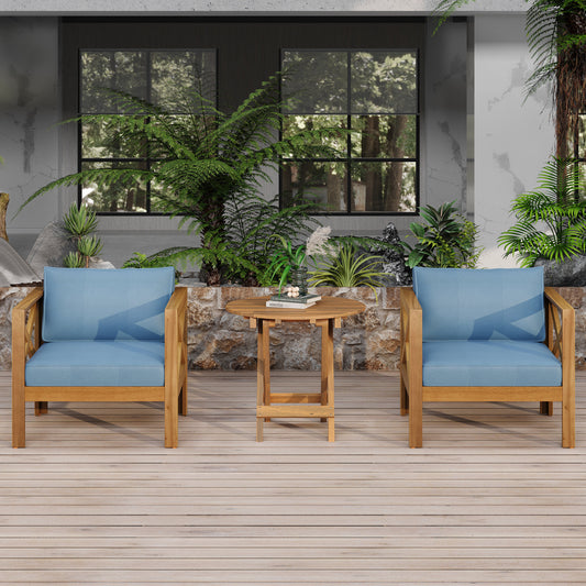 Patio Conversation Set, Outdoor Wood Conversation Seat(Set of 2), Armchair with Cushions, Foldable Acacia Wood Side Table, Teak Finish