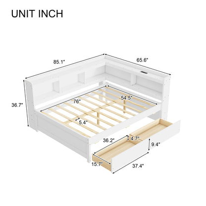 Full Size L-shaped Bookcases Bed with Power Outlets, USB Charging Ports, Two Drawers, Whtie