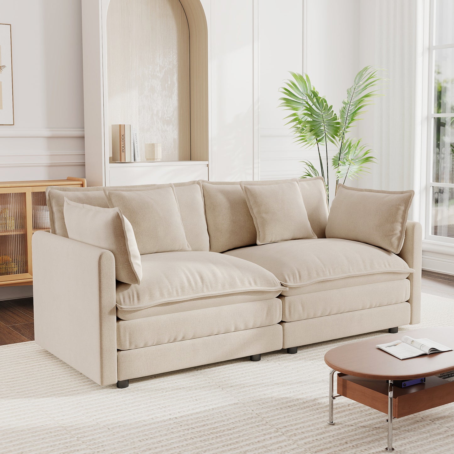 Modern Fabric Loveseat Sofa Couch for Living Room, Upholstered Large Size Deep Seat 2-Seat Sofa with 4 Pillows ,Light Coffee Chenille