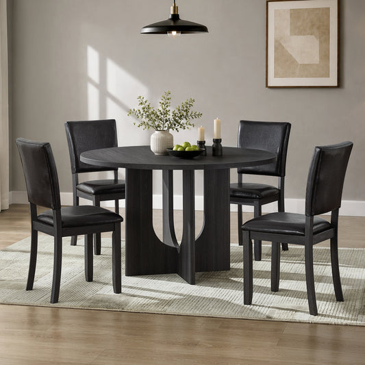5-Piece Round Dining Table Set for 4-6, Modern Kitchen Table with PU Leather Chairs, 47.3" Wood Dining Room Set with Cross-Shaped Base, Space-Saving Circle Table & 4 Chairs (Black & Dark Brown PU)