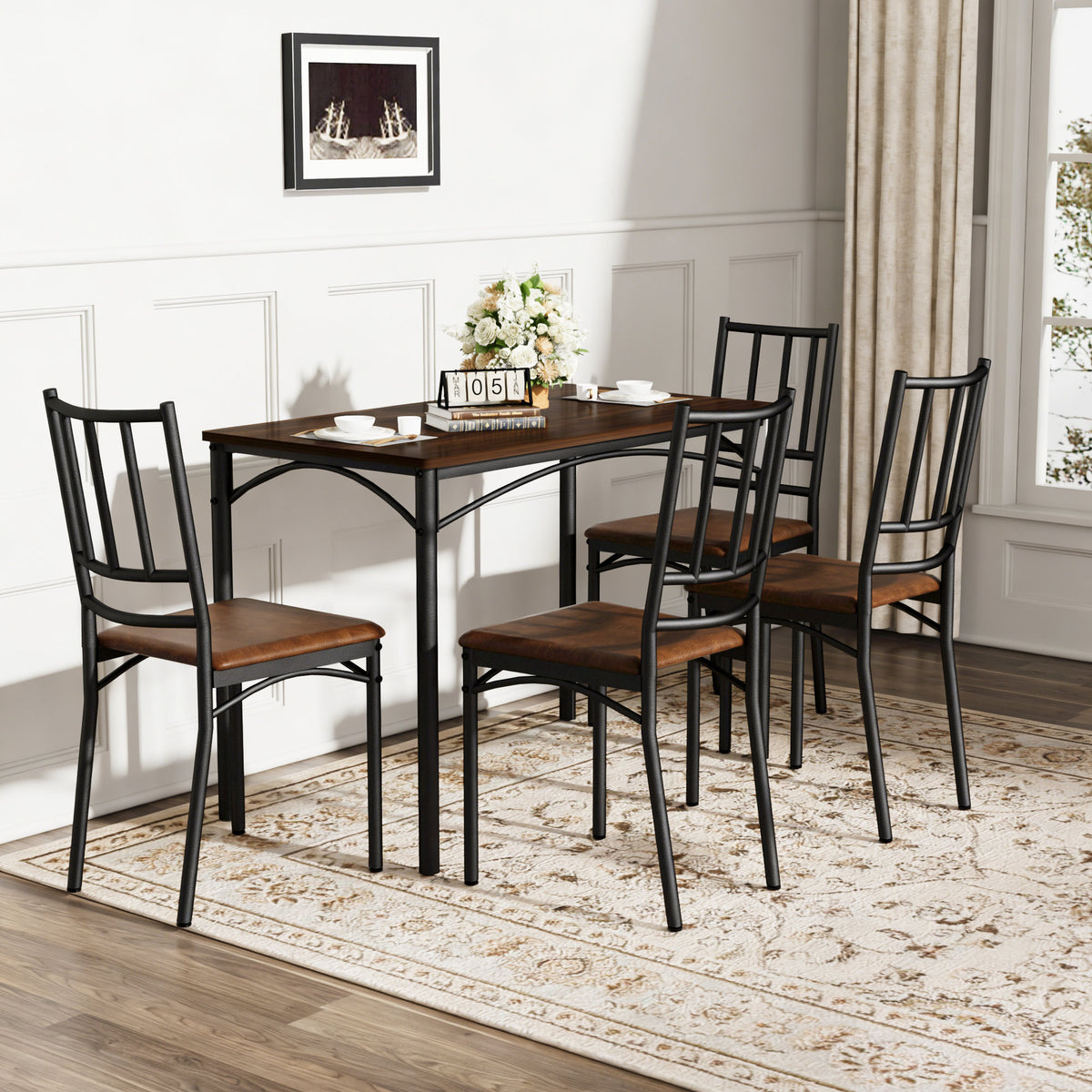 Dining Table Set, Bar Table with 4 Dining Benches, Kitchen Table Counter with Chairs, Industrial for Kitchen Breakfast Table, Party Room – Walnut