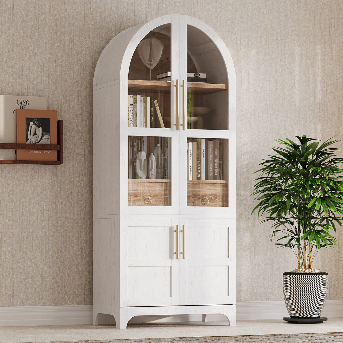 K&K 71" Tall Arched Kitchen Pantry Cabinet with Door Shelves, Farmhouse Kitchen Storage Cabinet with Open & Adjustable Shelves