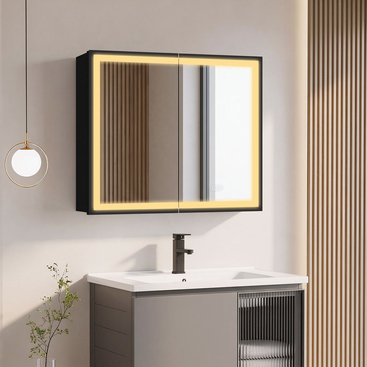 30*26 inch Black Metal Framed Wall mount LED Bathroom Medicine Cabinet with Mirror