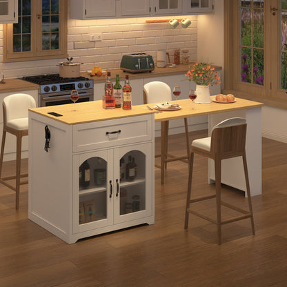 U_STYLE Extendable Counter Table with Wheels,Bar Table with Built-in Power Outlet,Farmhouse Wine Cabinet with Double-Sided Drawers,Suitable for Kitchen & Home Bar (Chairs Not Included)