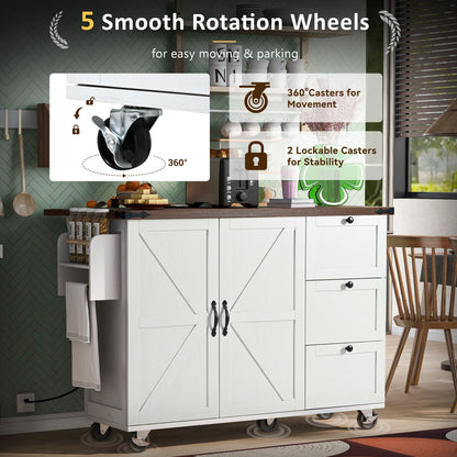 K&K 54.5" Farmhouse Kitchen Island with Power Outlet, Kitchen Storage Island with Internal Storage Rack, Drop Leaf, Spice Rack