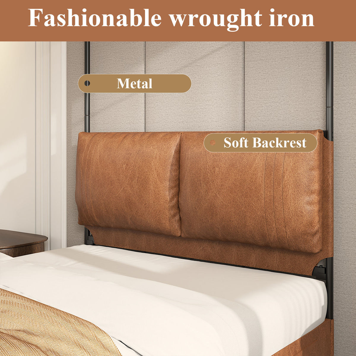 Queen Canopy Bed Frame,  Faux Leather Upholstered Bed with Metal Frame, Four Poster Platform Bed, No Box Spring Needed, Rustic Brown