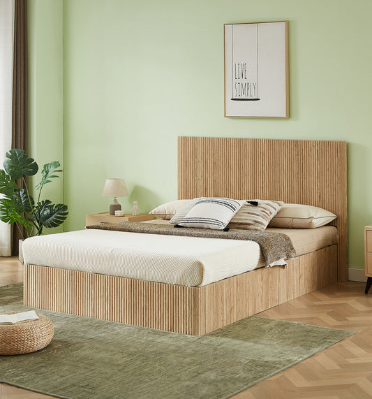 Queen Size Lift Up Storage Bed Frame, Wooden corrugated curved lines, Hydraulic Storage/No Box Spring Needed, Oak.(Old SKU: W1820S00059 )